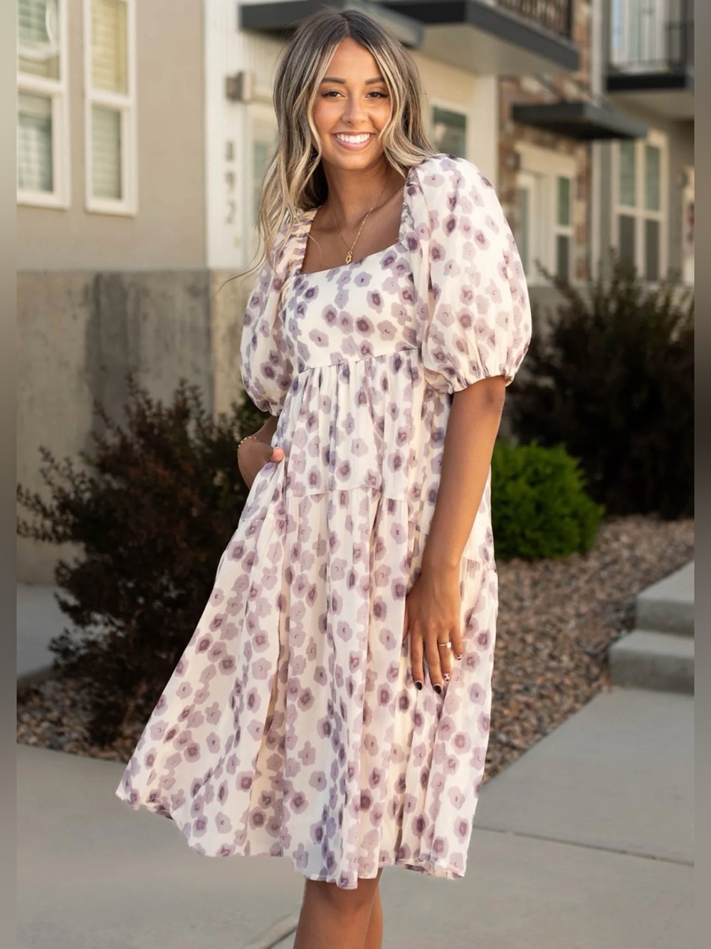 Polagram Watercolor Lavender Floral Organza Puff Sleeve Square Neck Midi Dress
